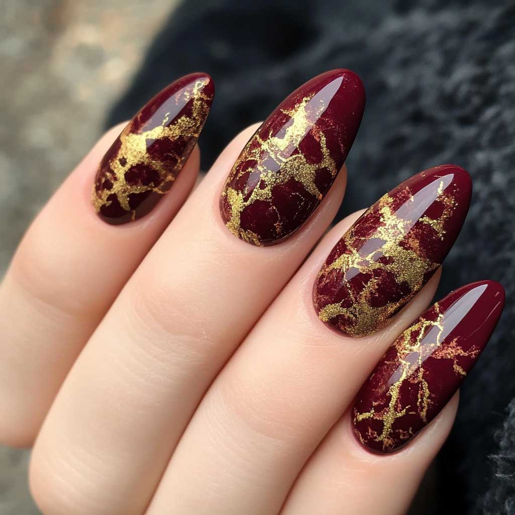 Black Marble Nail Designs - Burgundy with Gold Marble Patterns